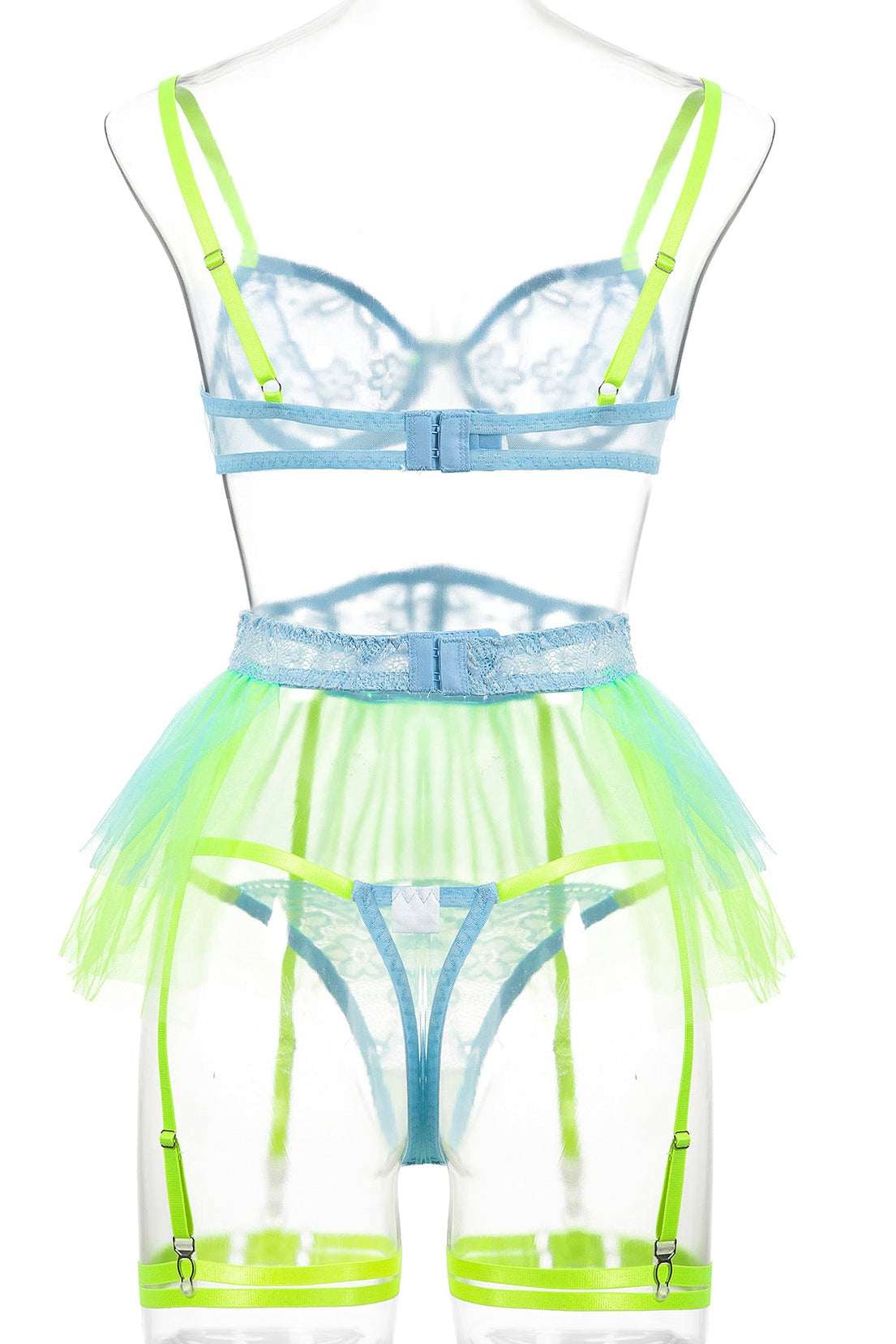 Blue Green Wired Bra Boned Corset Tutu Thong Garter Sexy 5Pc Lingerie Set
