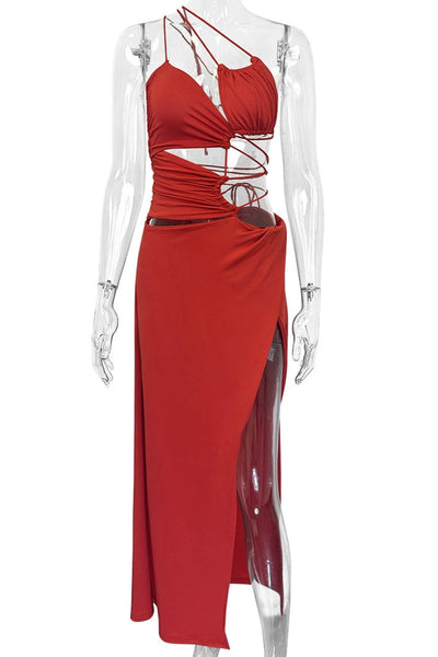 Red Strappy Cut-Out Drawstring High Slit Sexy Maxi Party Dress