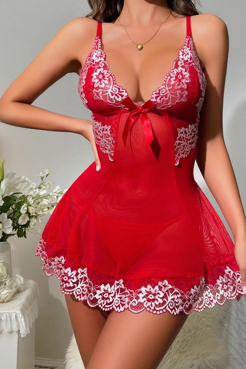 Red Mesh White Crochet Lace Babydoll Dress Thong Sexy 2Pc Lingerie Set AMIClubwear Red Mesh White Crochet Lace Babydoll Dress Thong Sexy 2Pc Lingerie Set AMIClubwear