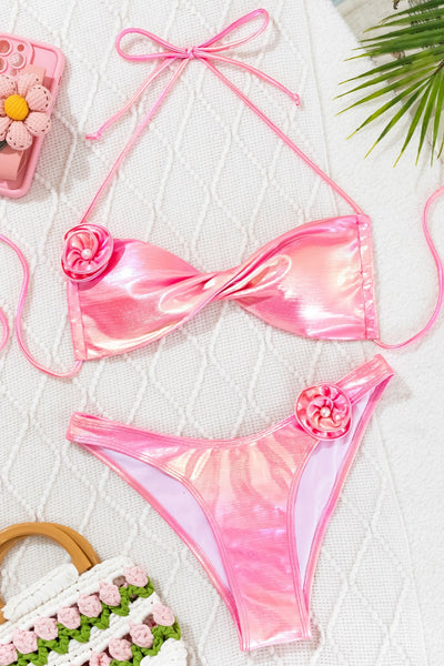 Pink Holographic Micro 3D Rosette Cheeky Sexy 2Pc Swimsuit Set