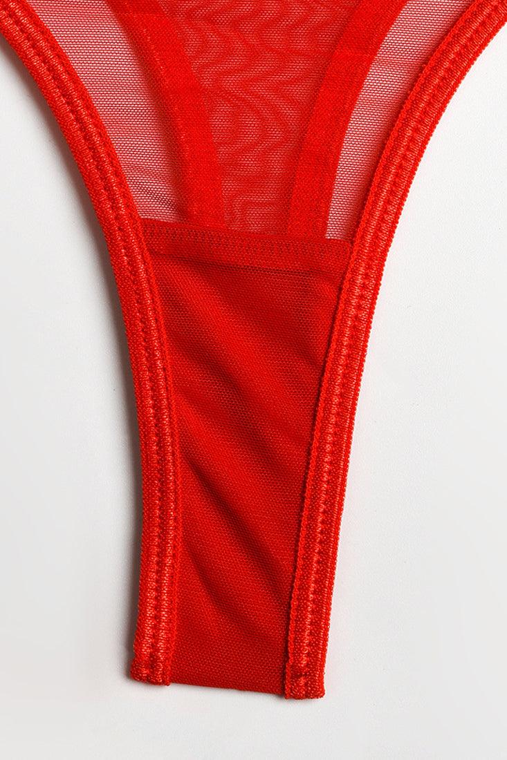 Red Mesh Sheer Bandage Garter Thong 5Pc Sexy Lingerie Set - AMIClubwear