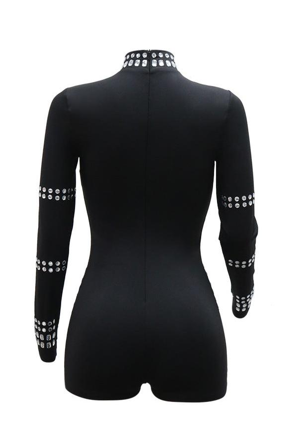 Black Big Rhinestone Gem Long Sleeve Sexy Fitted Party Romper