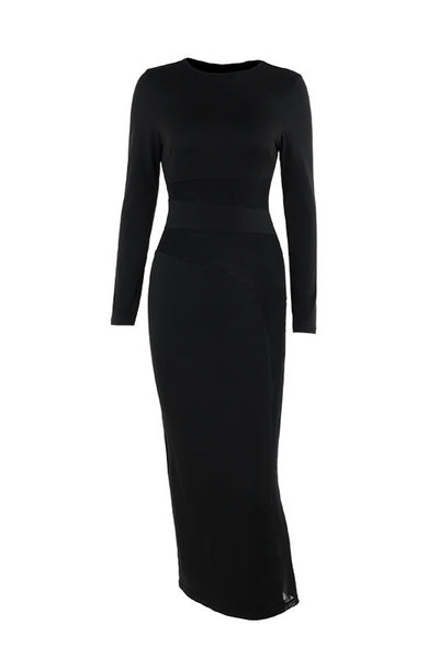 Black Mesh Cut-Out Long Sleeve Sexy Fitted Midi Party Dress