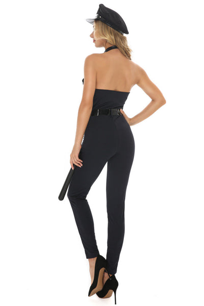 Black Sleeveless Collar Police Jumpsuit Sexy 5Pc Cop Costume w/Hat
