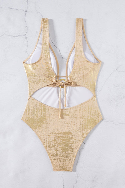 Gold Beige O-Ring Plunging-V Sexy 1Pc Swimsuit Monokini