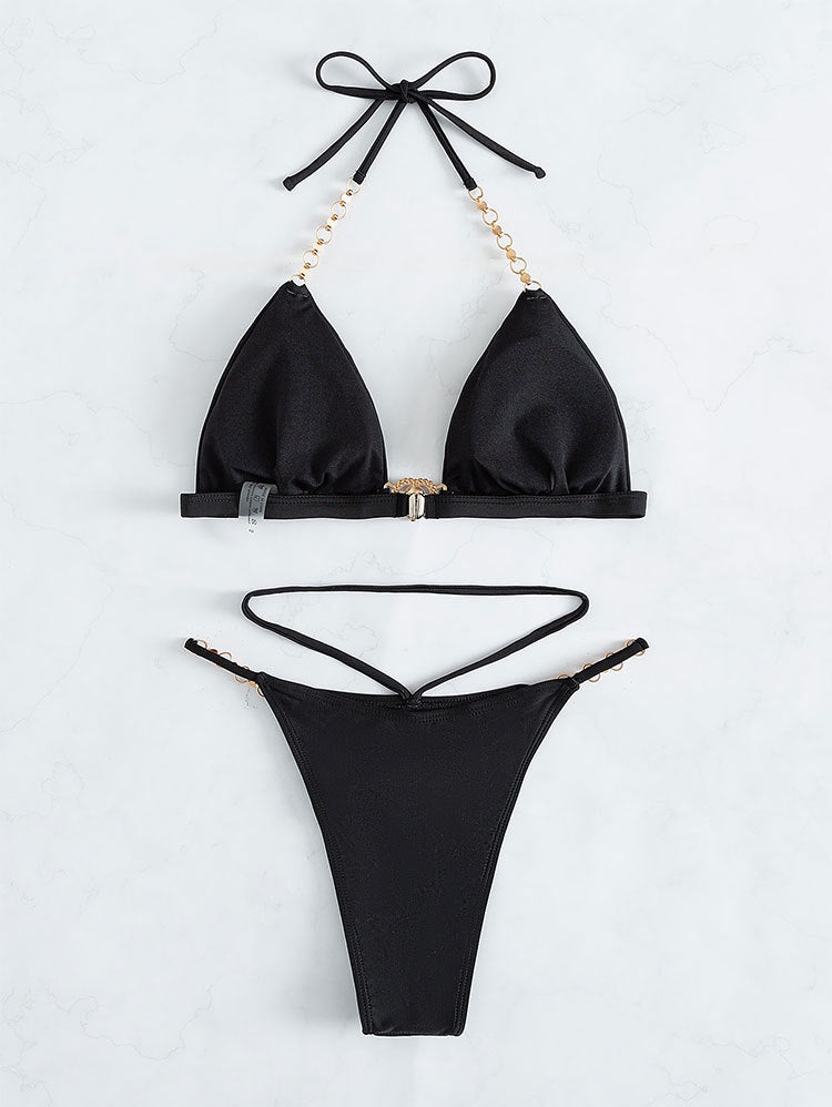 Black Heart Rhinestone Strappy Tied Sexy 2Pc Swimsuit Set Bikini