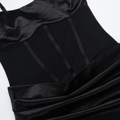 Black Stretchy Satin Boned Corset Mesh Sexy Slit Maxi Party Dress