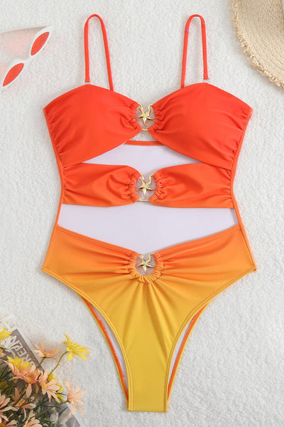 Orange Yellow Tie Dye Gold Starfish Cut-Out Monokini Sexy 1Pc Swimsuit