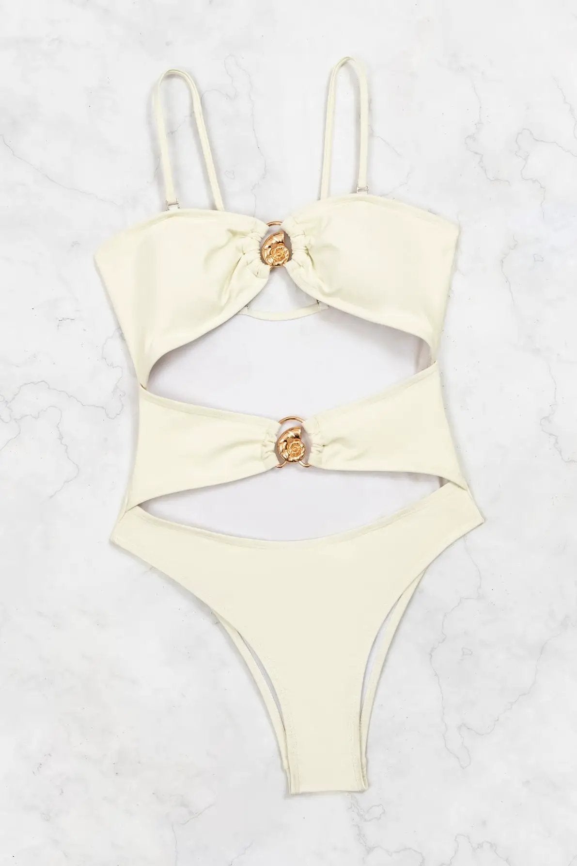 Off White Gold Sea Shell Cut-Out Cheeky Sexy Monokini 1Pc Swimsuit