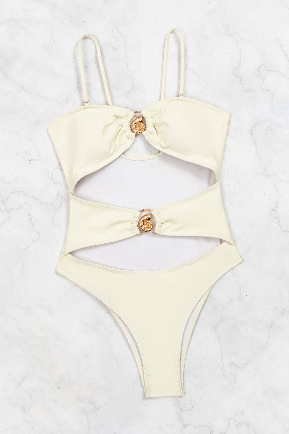 Off White Gold Sea Shell Cut-Out Cheeky Sexy Monokini 1Pc Swimsuit