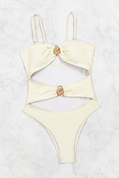 Off White Gold Sea Shell Cut-Out Cheeky Sexy Monokini 1Pc Swimsuit