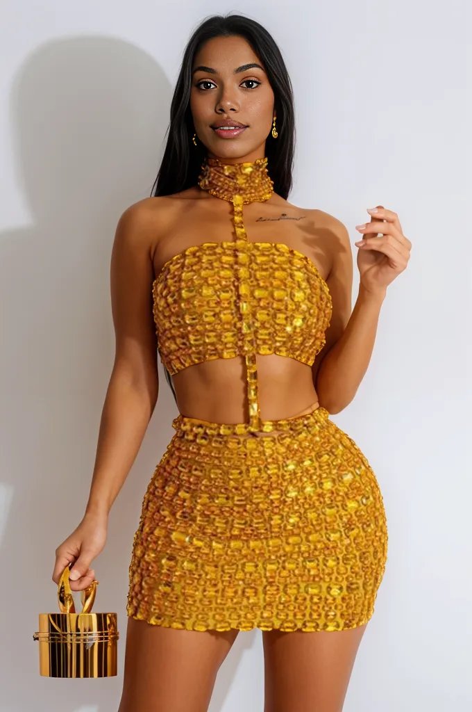 Gold Big Rhinestone Gem Suede Metallic Sexy 3Pc Dress Outfit