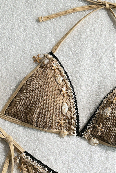 Khaki Netted Sea Shell Starfish Sexy 2Pc Swimsuit Set Bikini