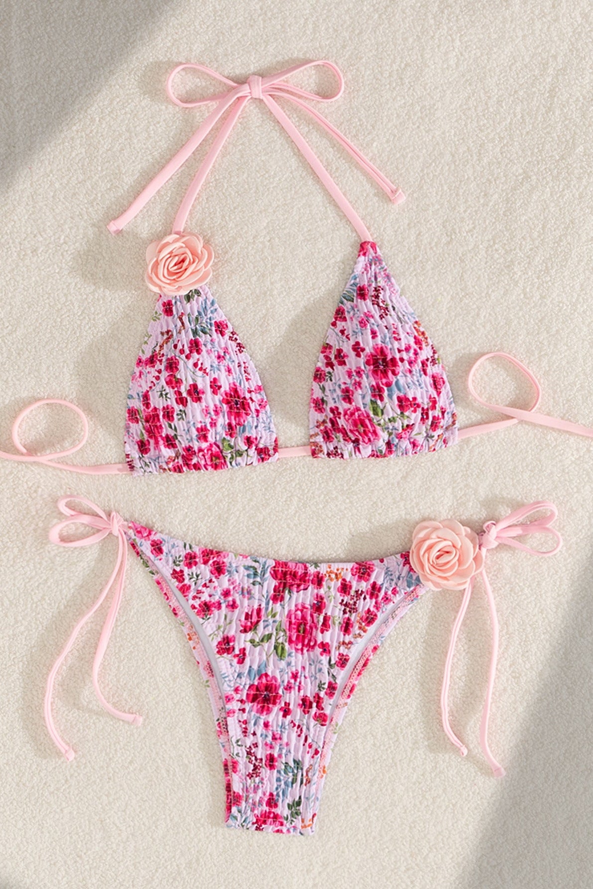 Pink Floral Smocked 3D Flower Rosette Sexy 2Pc Swimsuit Set