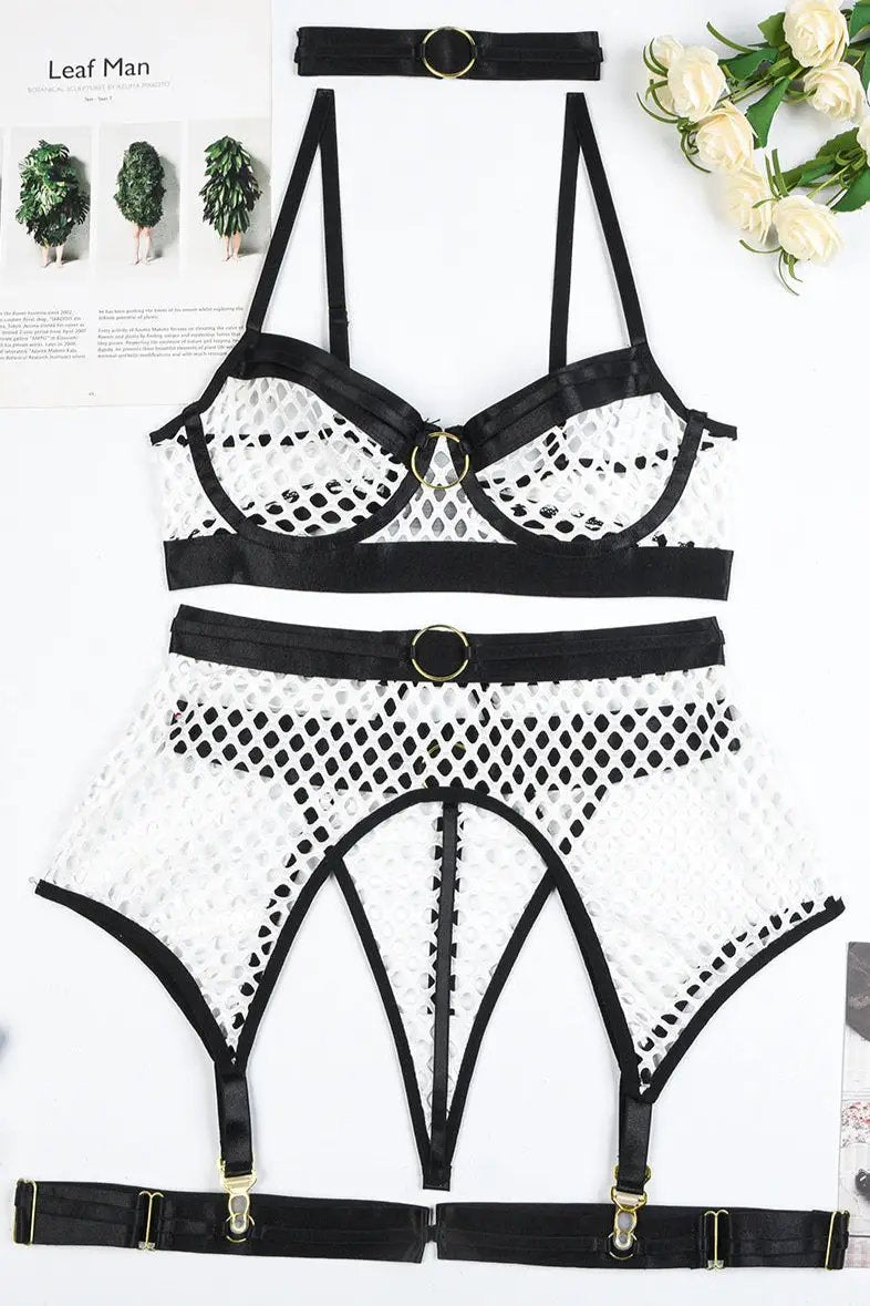 White Netted Black Bandage Choker Thong Garter Belt Sexy 6Pc Lingerie Set