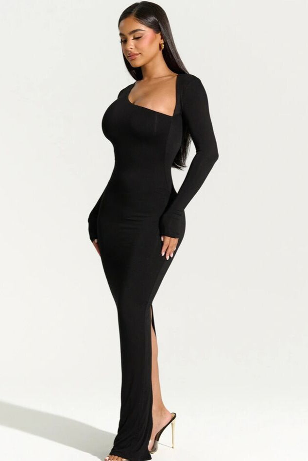 Black Long Sleeve Back Slit Sexy Fitted Full Length Maxi Party Dress