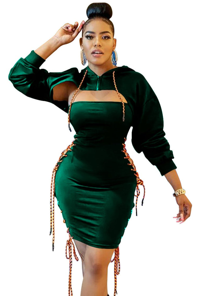 Dark Green Hoodie Lace-Up Cut-Out Sexy Dress Outfit