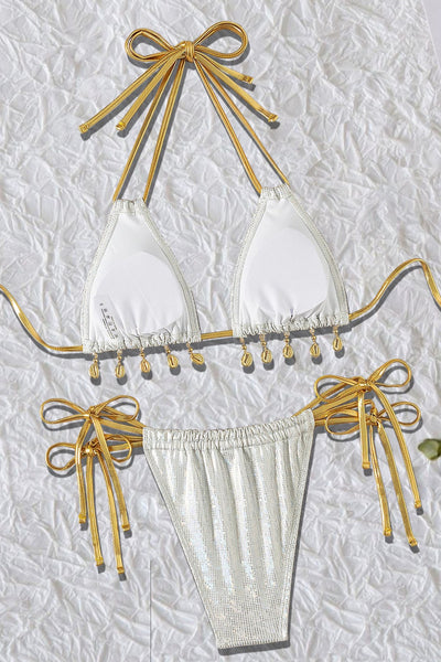 White Silver Holographic Gold Seashells Straps Cheeky 2Pc Swimsuit Set