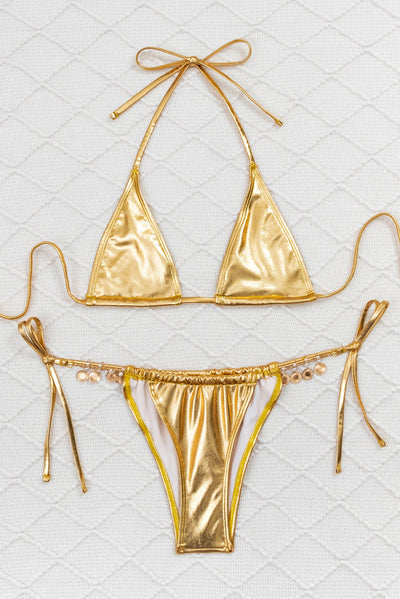 Gold Metallic Pearl Coin Decor Triangle Cheeky Sexy 2Pc Swimsuit Set