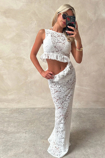 White Lace Ruffle Side Cut-Out Sexy Full Length Maxi Dress