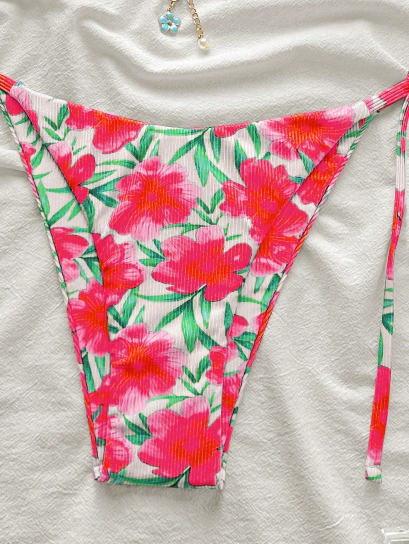 Hot Pink Floral Print Ribbed Flower Charm Sexy 2Pc Swimsuit Set Bikini