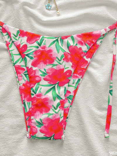 Hot Pink Floral Print Ribbed Flower Charm Sexy 2Pc Swimsuit Set Bikini