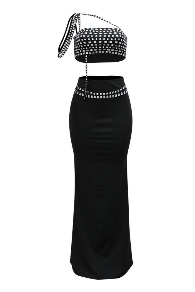 Black Rhinestone Big Gem Strappy 2Pc Maxi Slit Dress Set Outfit