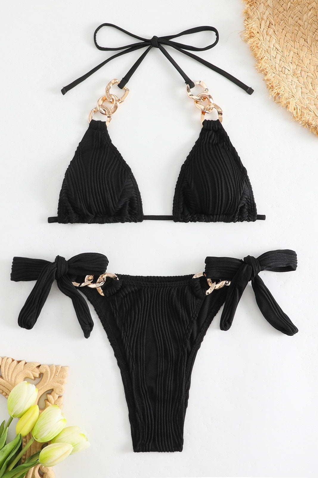 Black Textured Gold Chain Buckle Sexy 2Pc Swimsuit Set Bikini