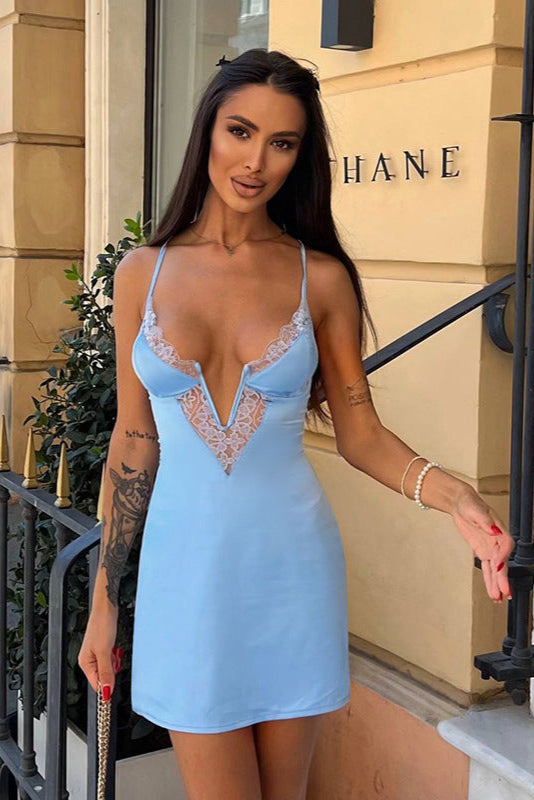 Light Blue V Wire White Lace Sexy Fit & Flare Dress