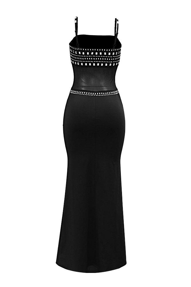 Black Big Rhinestones Gem Mesh Sexy Fitted Mermaid Maxi Party Dress