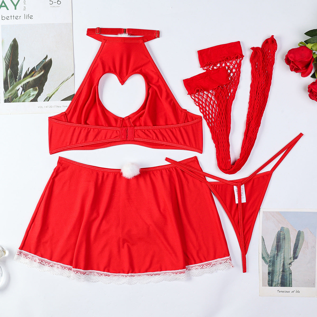 Red Cut-Out Heart Skirt Thong w/Stockings Sexy 4Pc Lingerie Set