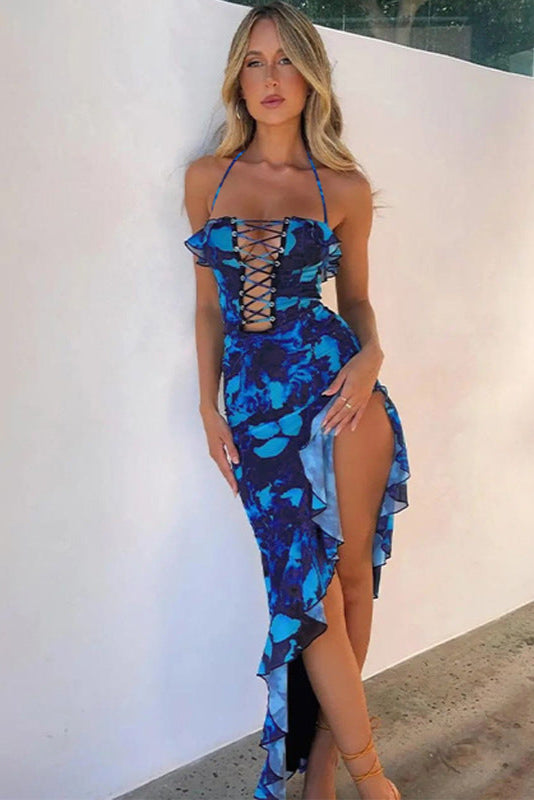 Blue Printed Lace-Up Ruffle Asymmetrical Sexy Maxi Dress