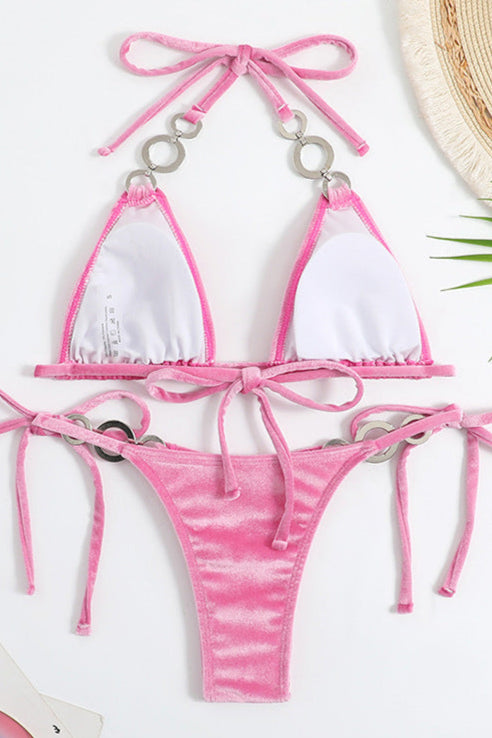 Pink Velvet Rhinestone Triangle Cheeky Sexy 2Pc Swimsuit Set Bikini