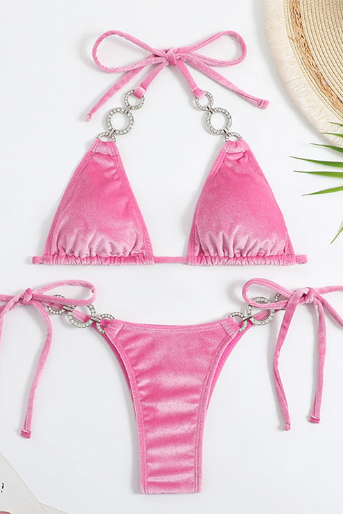 Pink Velvet Rhinestone Triangle Cheeky Sexy 2Pc Swimsuit Set Bikini