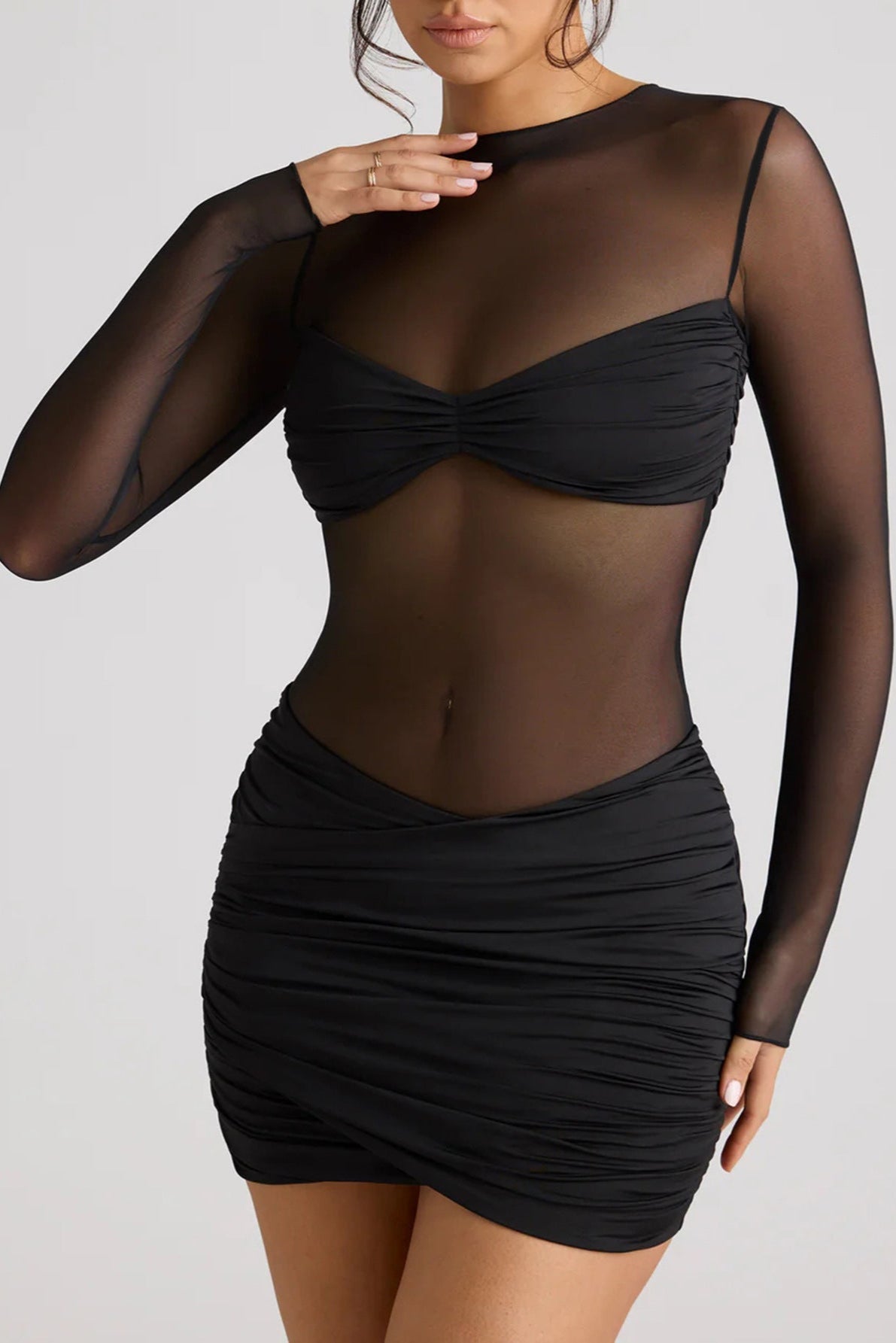 Black Mesh Long Sleeve Cut-Out Ruched Sexy Fitted Ruched Party Dress