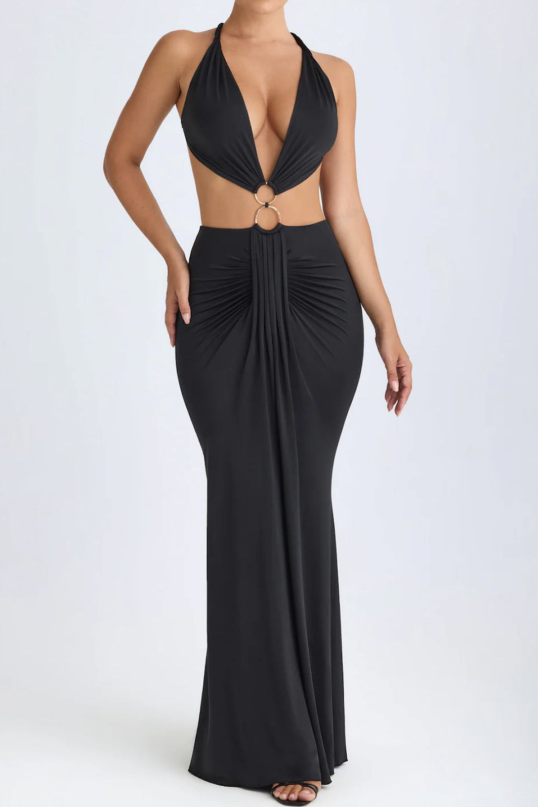 Black Halter O-Ring Cut-Out Backless Fit & Flare Maxi Party Dress