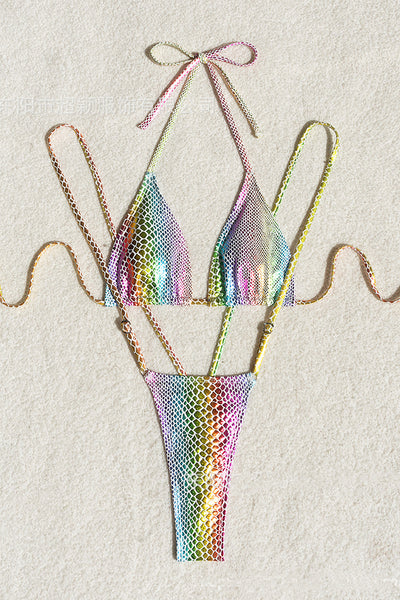 Rainbow Metallic Snake Strappy Triangle Thong Suspenders Sexy 2Pc Swimsuit Set