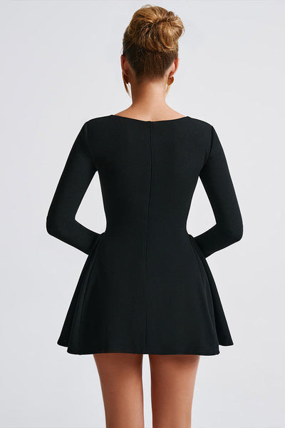 Black Twilled Satin Long Sleeve Boat Neck Puff A-Line Little Party Dress