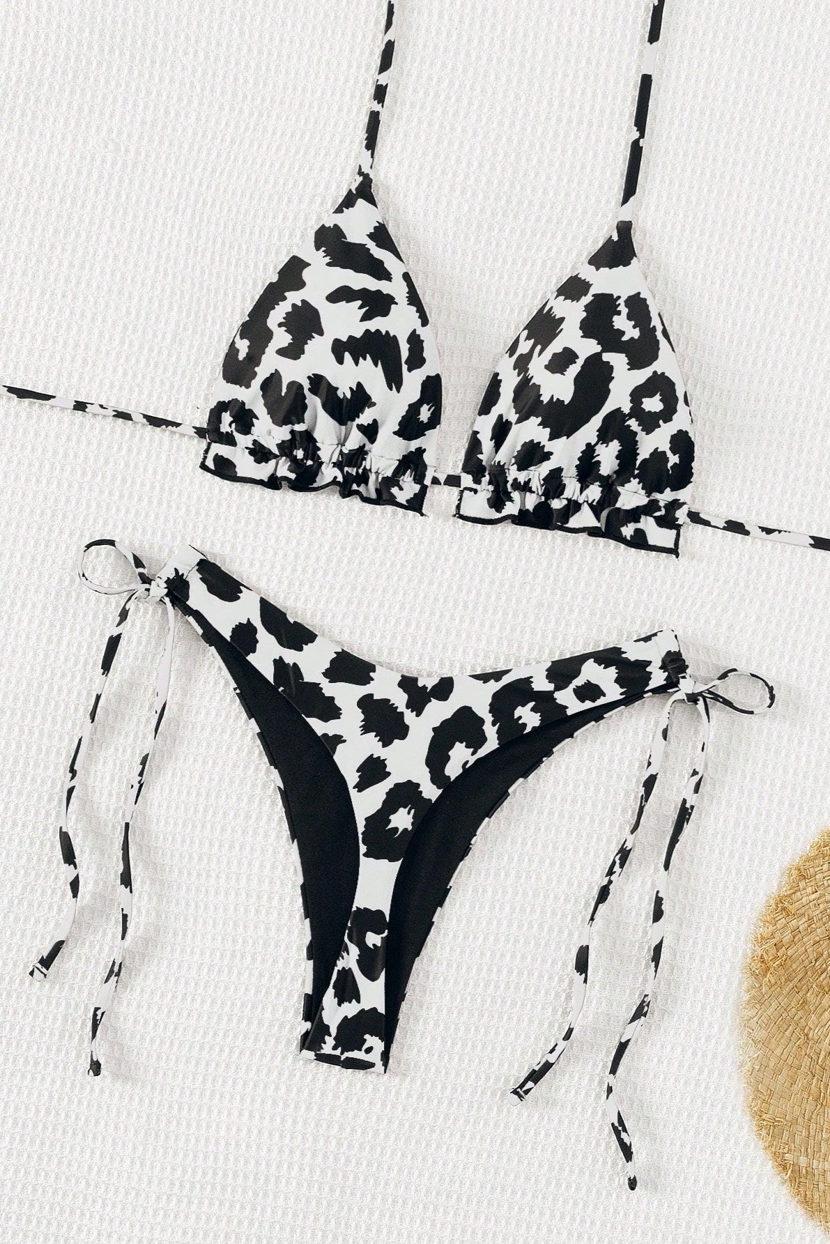 Leopard Print Triangle Thong Tie Side Sexy 2Pc Swimsuit Set Bikini