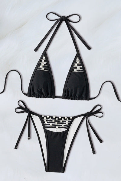 Black Silver Beads Strappy Cut-Out Narrow Triangle Cheeky Sexy 2Pc Swimsuit Set