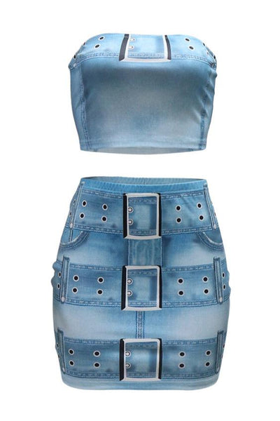 Blue Realistic Denim Print Sexy 2Pc Dress Outfit