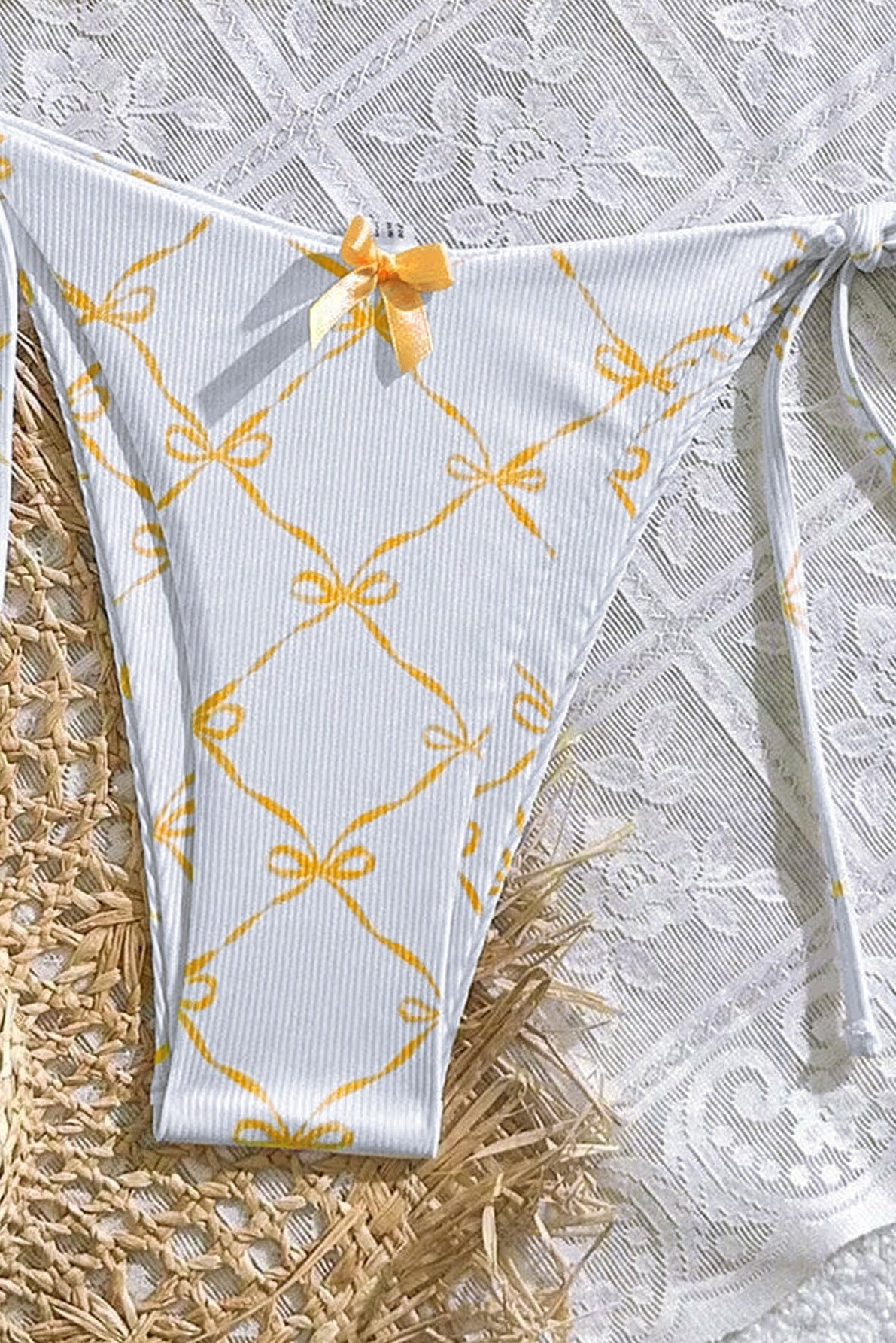 White Orange Coquette Bows Triangle Tie Side Sexy 2Pc Swimsuit Set Bikini