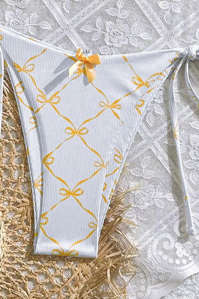 White Orange Coquette Bows Triangle Tie Side Sexy 2Pc Swimsuit Set Bikini