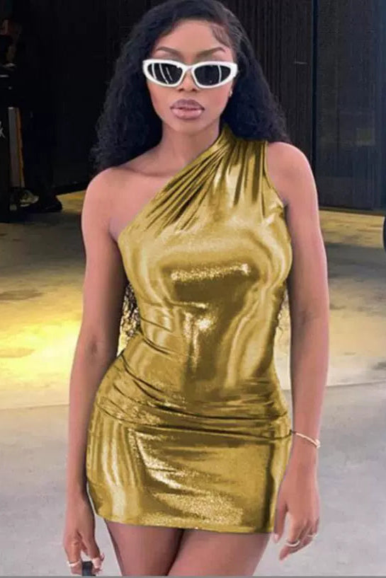 Gold Metallic One Shoulder Sexy Fitted Mini Party Dress