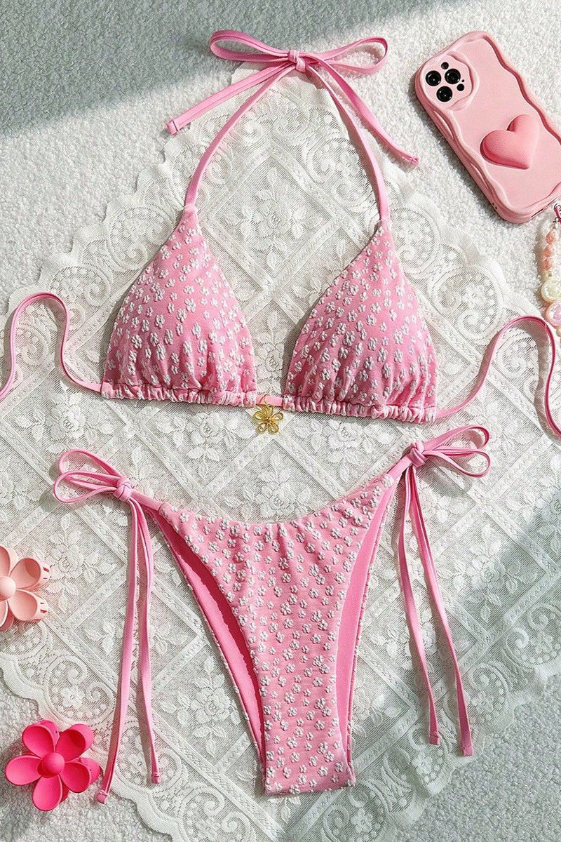 Light Pink Flower Textured Gold Charm Sexy 2Pc Swimsuit Set Bikini
