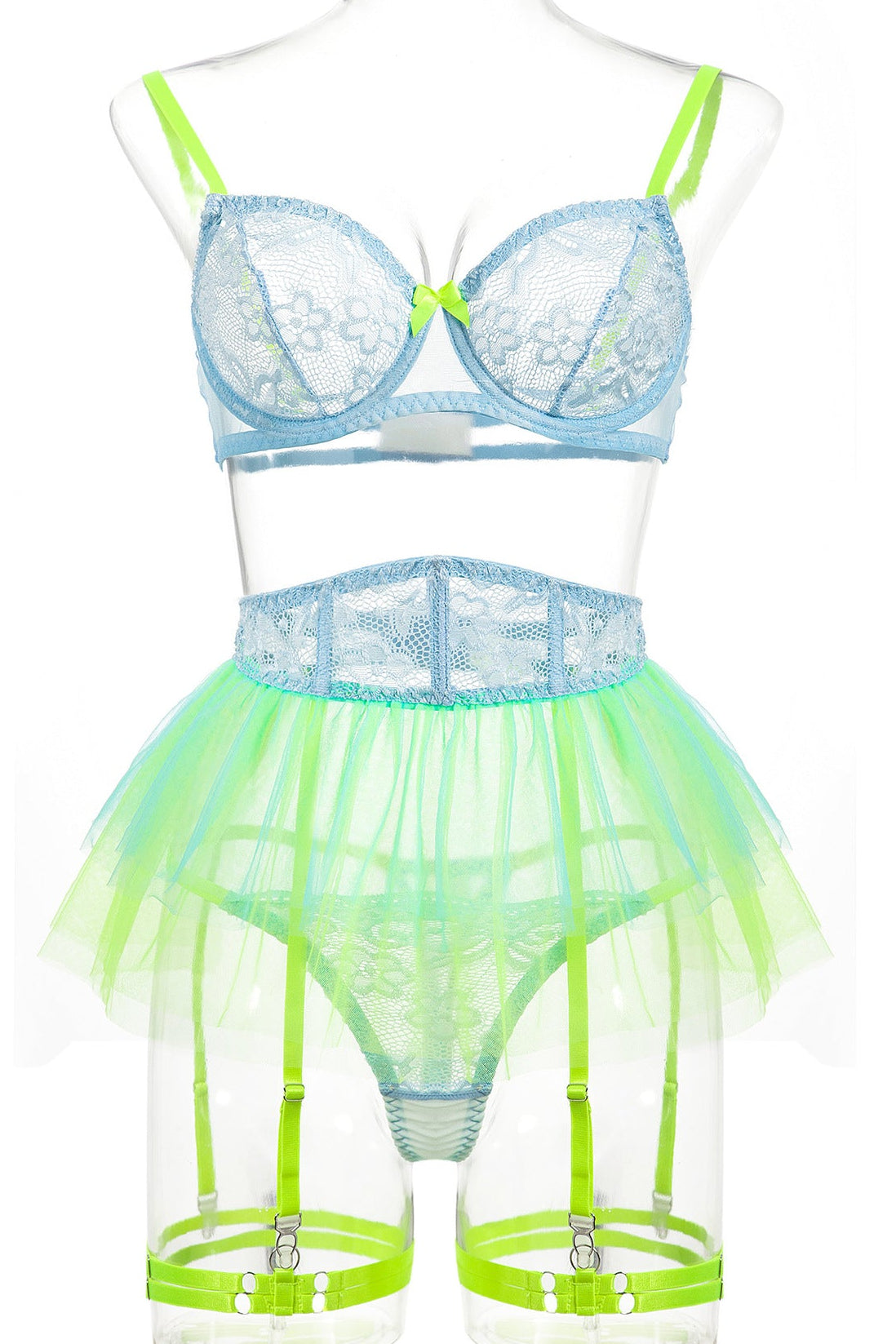 Blue Green Wired Bra Boned Corset Tutu Thong Garter Sexy 5Pc Lingerie Set