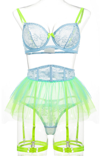 Blue Green Wired Bra Boned Corset Tutu Thong Garter Sexy 5Pc Lingerie Set