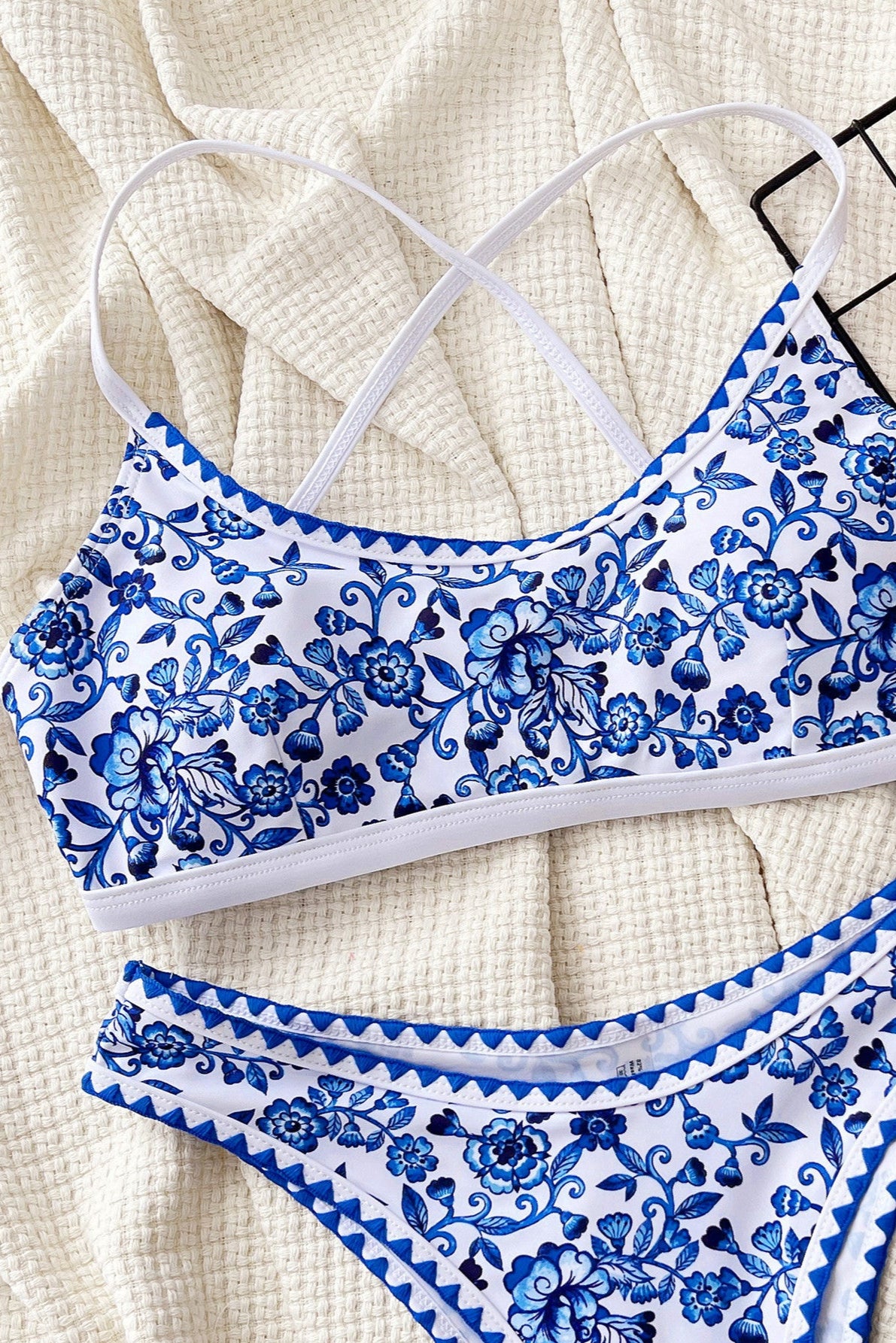 White Blue Italian Print European Vacation 2Pc Swimsuit Set