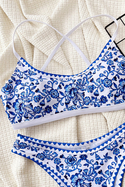White Blue Italian Print European Vacation 2Pc Swimsuit Set