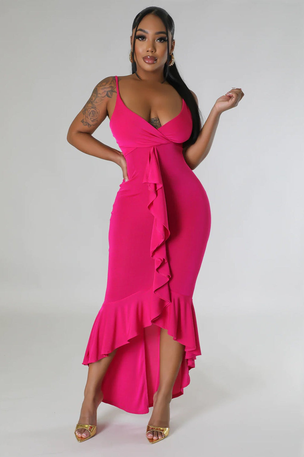 Hot Pink Ruffle Curve Hugging Sexy Maxi Party Dress